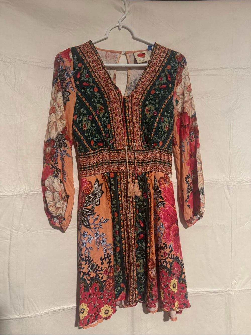 FARM Rio x Anthropology Multicolor Floral Long-Sleeve Boho Tassle Mini Dress